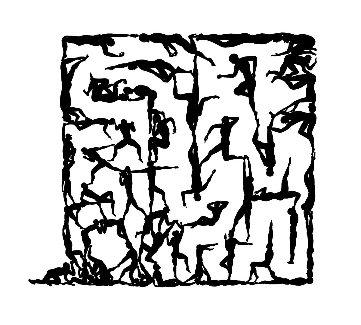 Dense grid of interlocking black silhouette figures in acrobatic poses, forming a maze-like square pattern through their overlapping limbs and bodies.