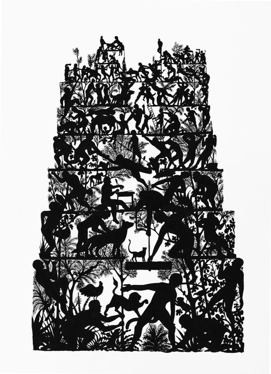 Dense black silhouette illustration of a towering, tiered structure crowded with hundreds of small human and animal figures climbing, building, and interacting among stylized plants at every level.