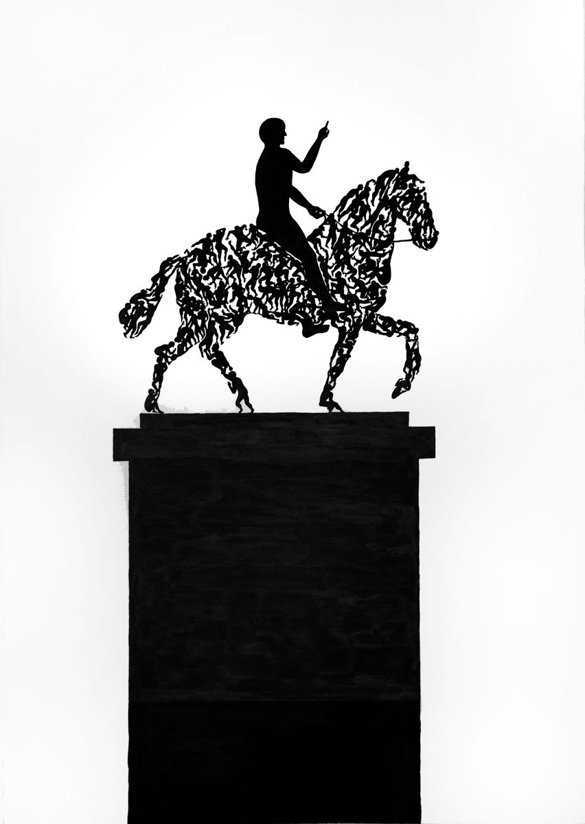 Black silhouette of a man riding a horse whose body is formed entirely from a mass of tiny human figures, standing atop a tall solid black pedestal.