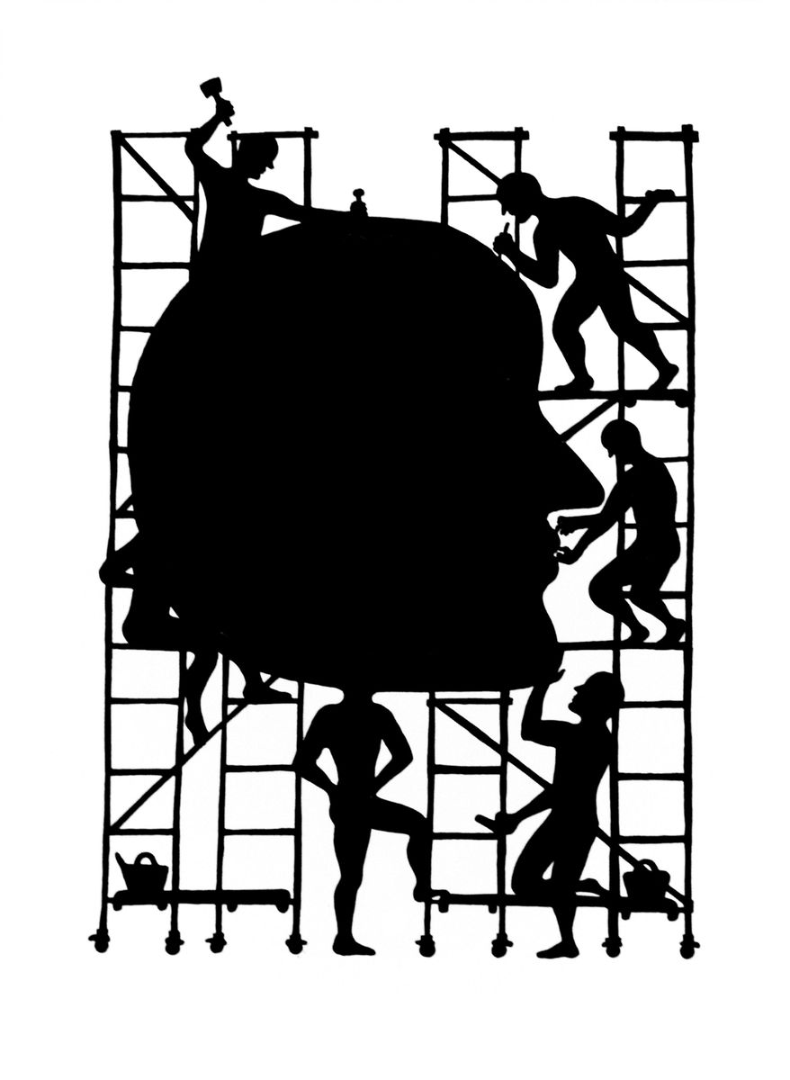 Black silhouette of a large human head under construction, surrounded by scaffolding with small figures carving, hammering, and painting different parts of the face.