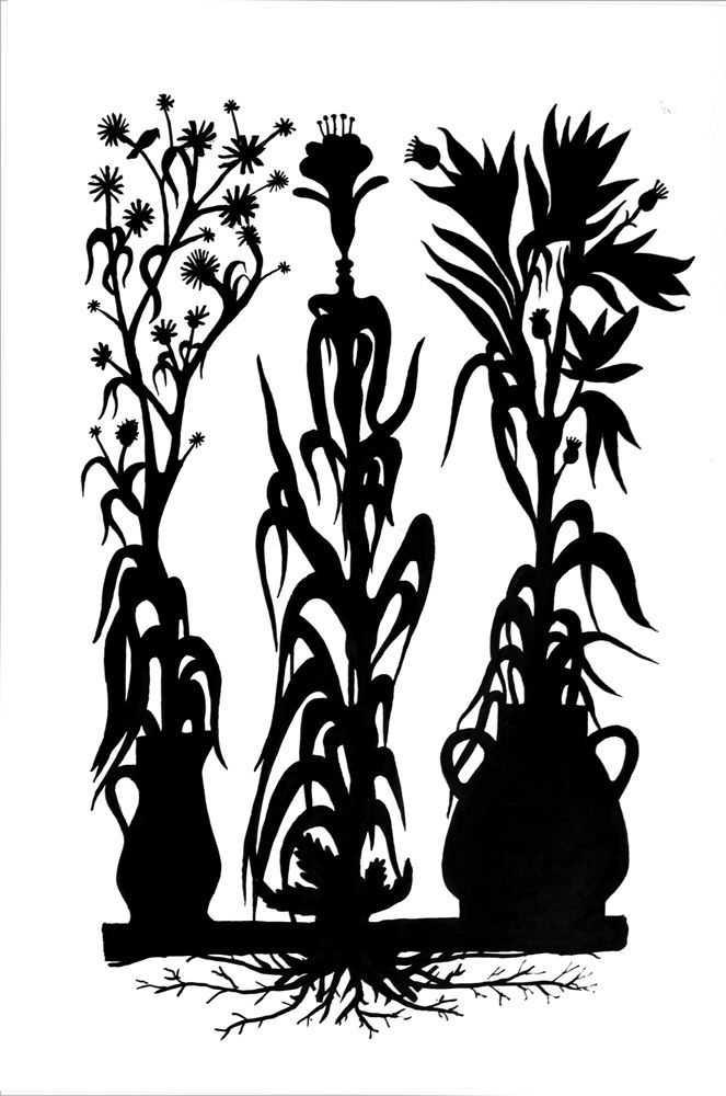 Black silhouette illustration of three tall amphorae, each sprouting different plants with flowers and leaves, their roots intertwined along a shared horizontal line at the base.