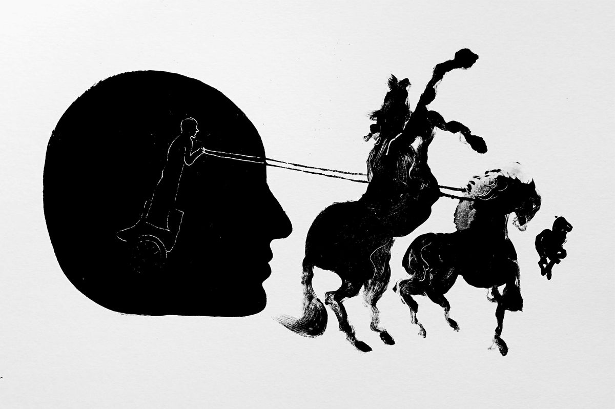 Black silhouette of a large head with a small figure standing inside it holding reins that lead out to two rearing horses and a small foal running ahead.