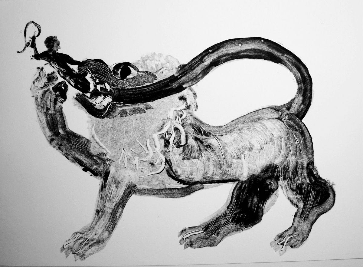 Textured black print of a lion-like creature with a long curling tail, a small human figure riding near its head and pulling on its mane.
