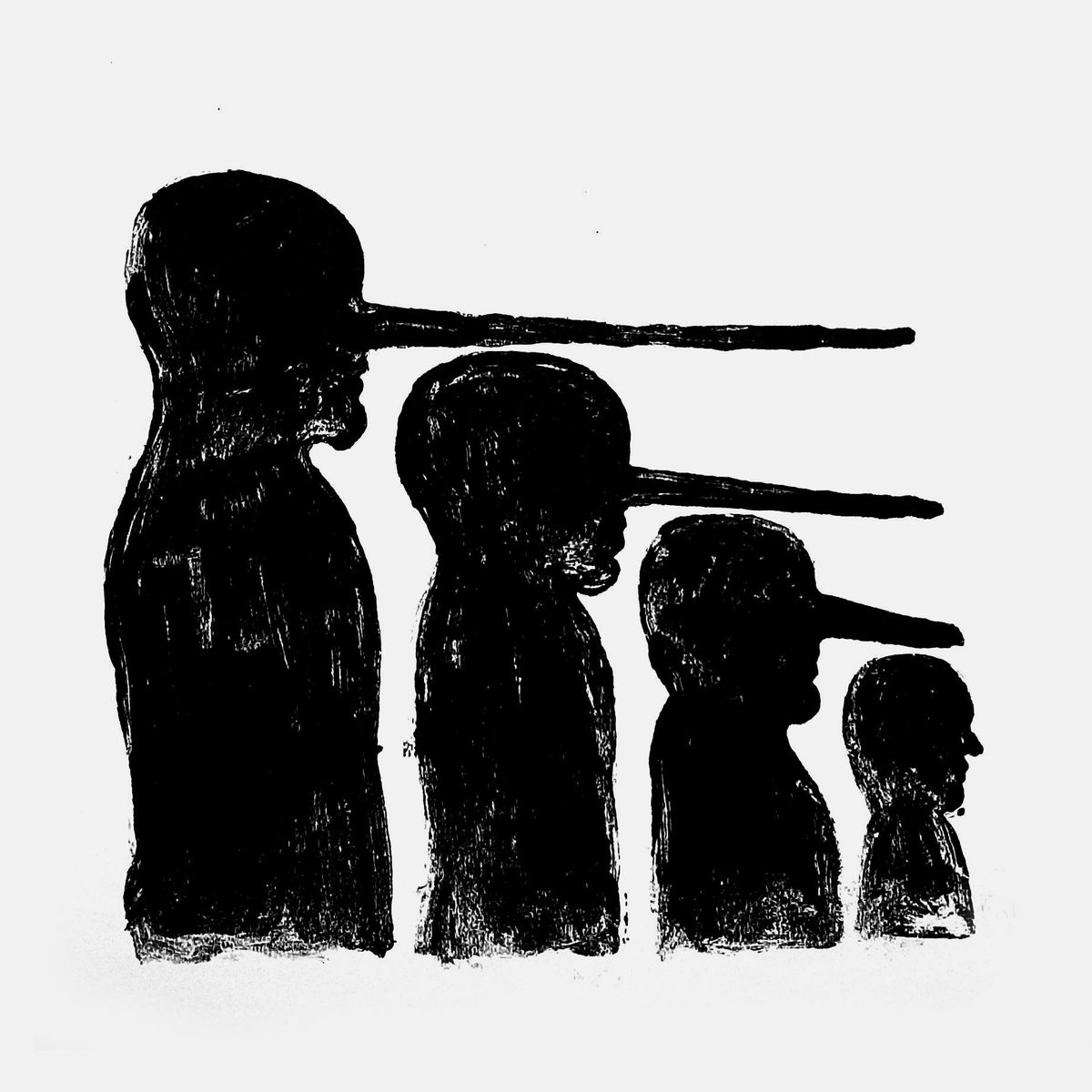 Row of four black silhouette heads in profile of decreasing size, each with a long extended nose, the two largest overlapping into elongated points.