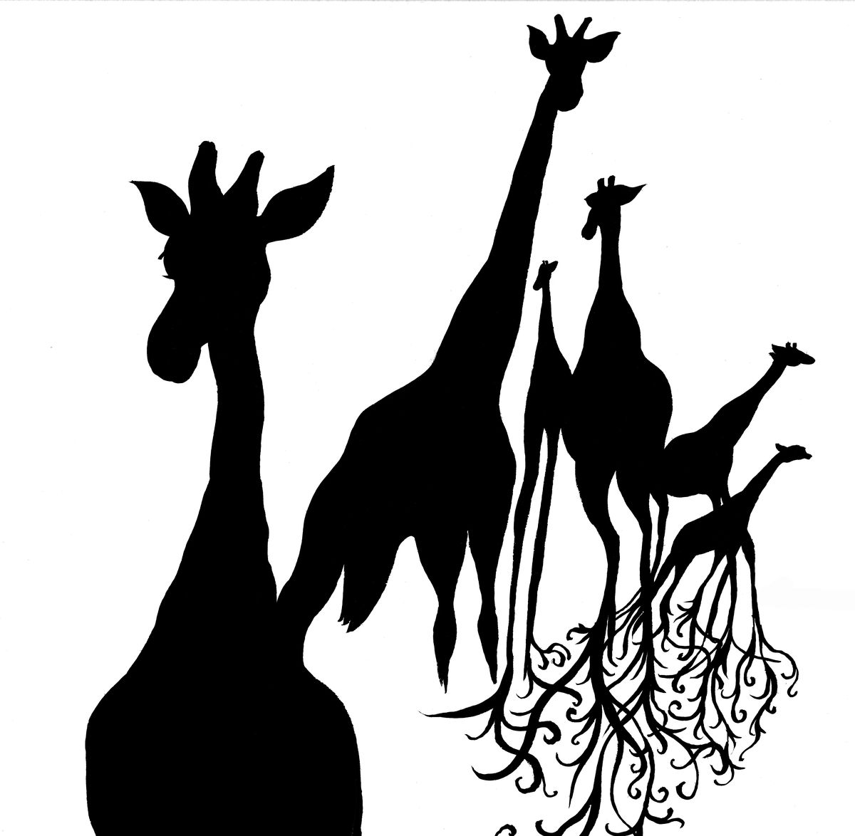 Black silhouette illustration of a group of giraffes, some standing normally and others upside down with their legs turning into curling root-like tendrils.
