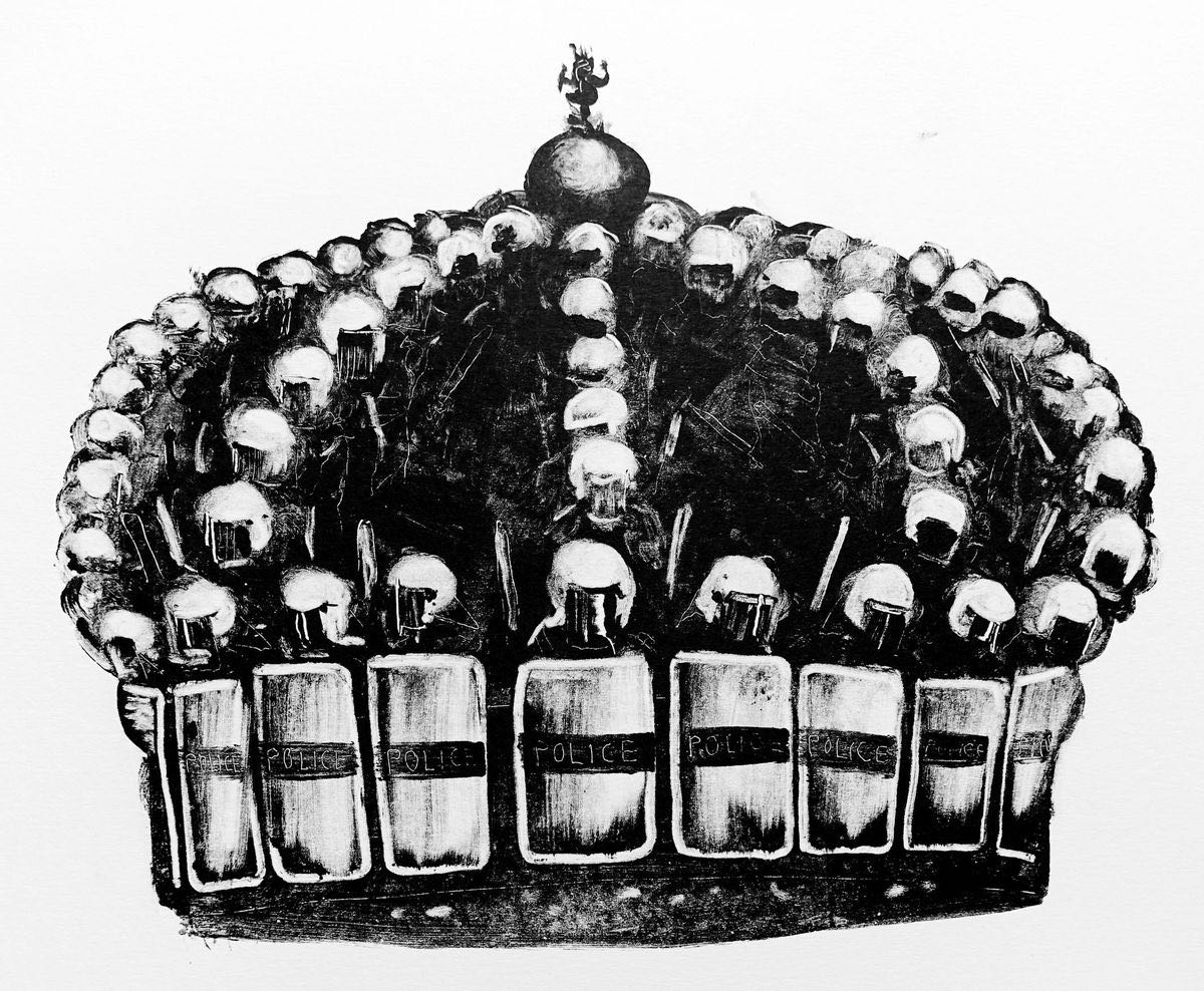 Detailed black print of a royal crown formed entirely from rows of riot police helmets and shields marked "POLICE," topped by a small figure atop an orb.