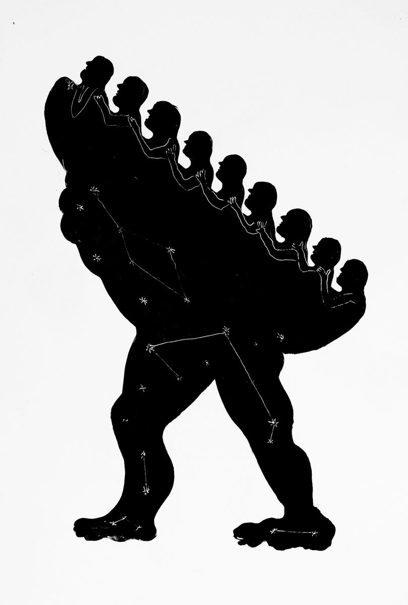 Black silhouette of a large striding humanoid figure carrying a stacked chain of seven smaller figures on its back, its body marked with constellation lines and stars.