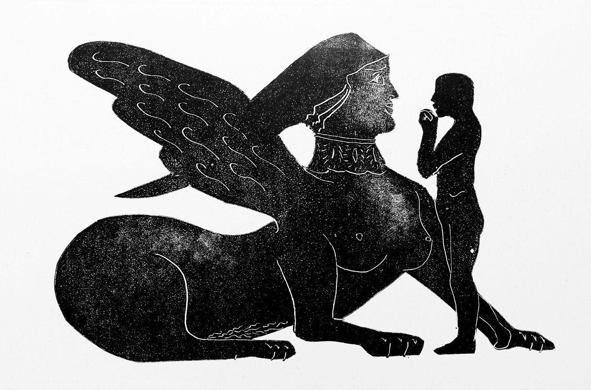 Textured black print of a winged sphinx with a human head and lion's body, facing a small standing human figure with a hand raised to its chin.