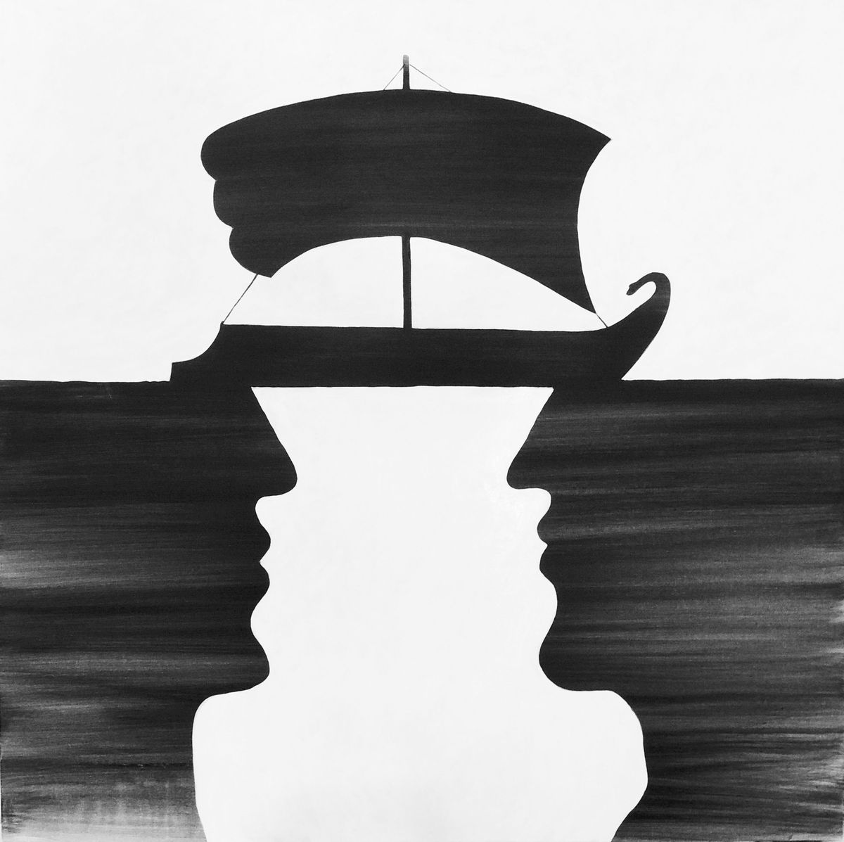 Black silhouette of an ancient sailing ship on the horizon above, its hull forming the negative space of two profiled faces looking away from each other below the waterline.