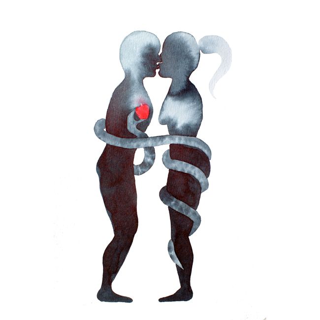 Watercolor illustration of two dark silhouetted figures kissing, wrapped together by a grey serpent, a small red heart-shaped fruit held between them.