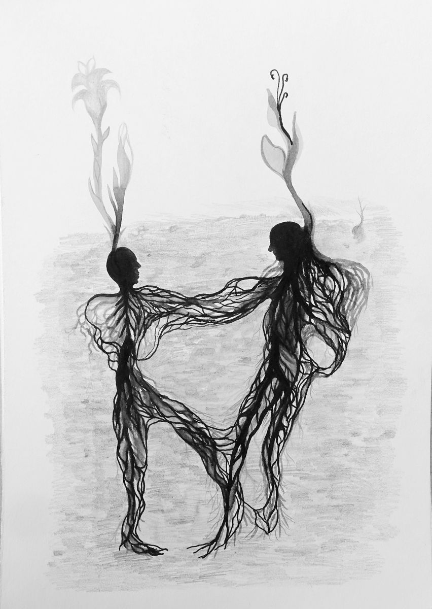 Pencil and ink drawing of two figures made of tangled root-like lines, holding hands, each sprouting a different plant from the top of their head against a shaded landscape.
