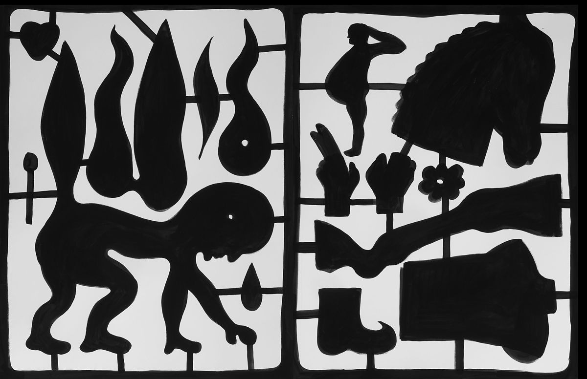Two black-and-white illustrated sprues of interchangeable body parts, like a model kit, showing swappable heads, hands, feet, flames and other pieces attached to connecting frames.