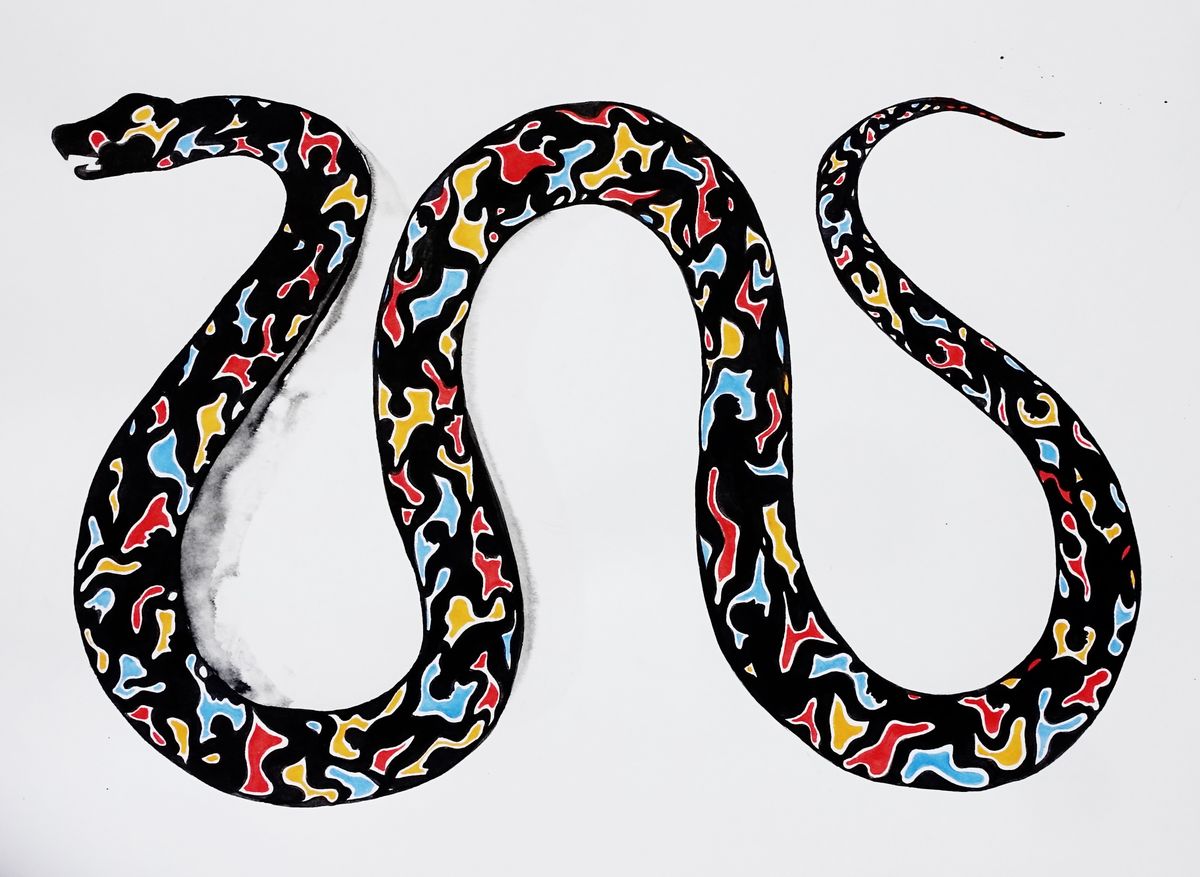 A long winding serpent painted with a patchwork of black, red, yellow and blue abstract shapes covering its entire body, curving in an S-shape.