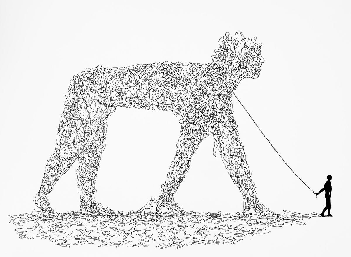 Fine line drawing of a large bull-like creature made entirely of overlapping human figure outlines, led on a chain by a small solid black silhouette of a man.