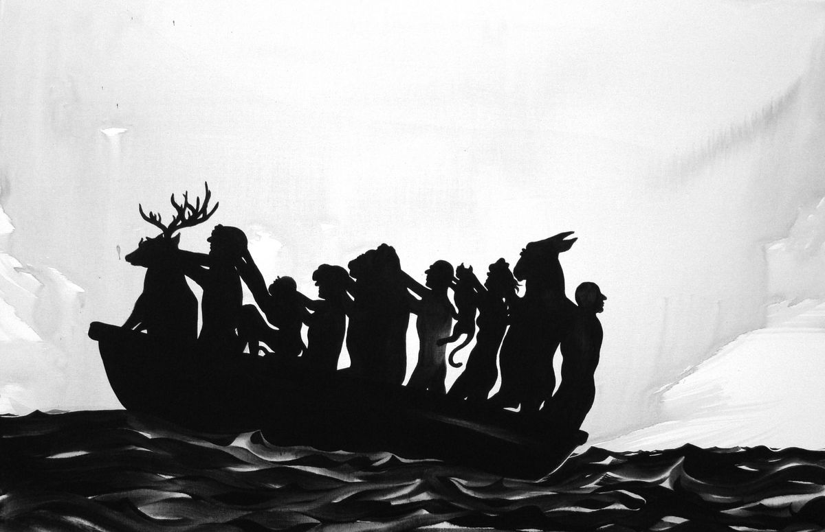 Black silhouette painting of a small boat crowded with human and animal-headed figures, including a deer and a horned creature, floating on dark wavy water.