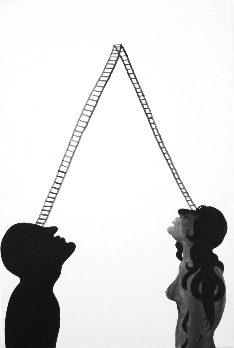 Two silhouetted figures facing each other, heads tilted back, each supporting one side of a tall A-frame ladder balanced between them.