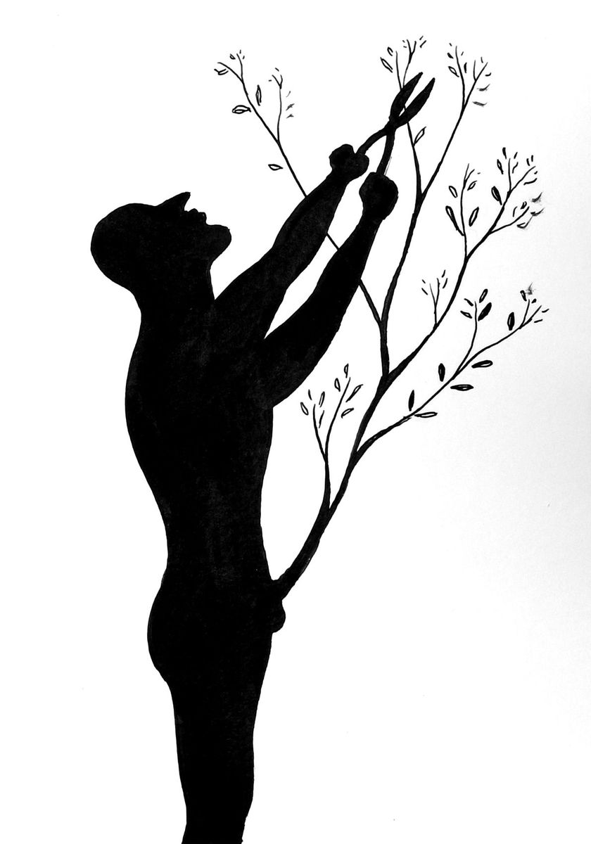 Black silhouette of a man reaching up with pruning shears to trim a bare branching tree, small leaves scattered along the branches.