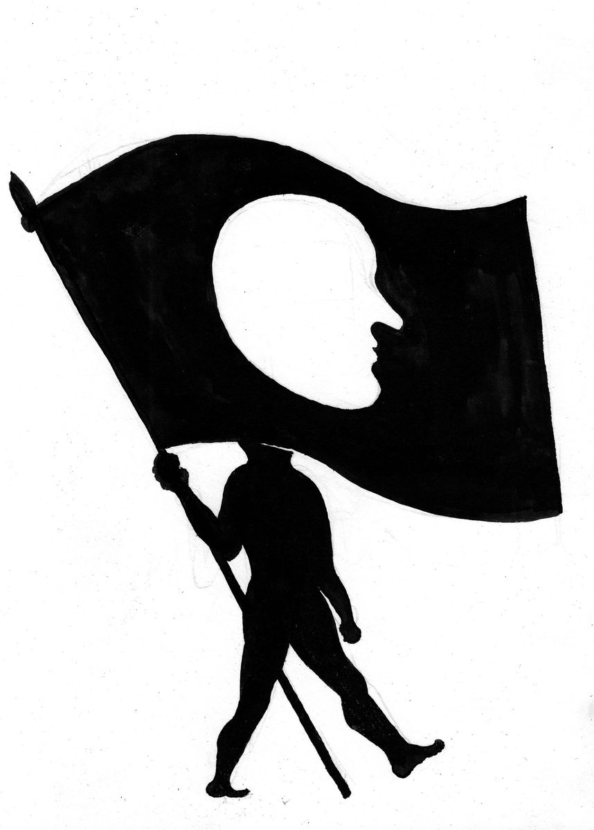 Black silhouette of a man walking while holding a large flag, the flag cut out with the shape of a human head in profile as a negative space.