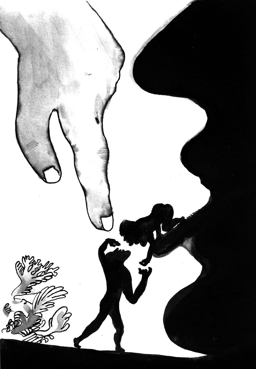 A large open hand reaching down toward two small black silhouette figures reaching up, beside a black cave-like opening shaped like a profile mouth, with abstract white coral-like forms in the corner.