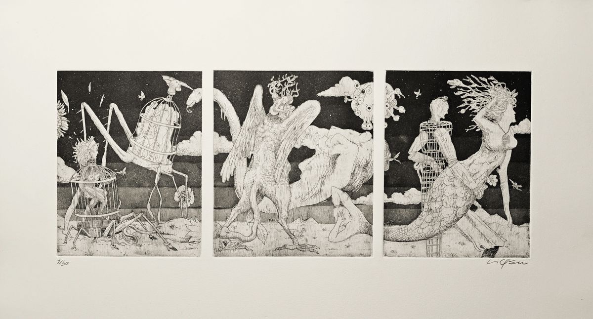 Black and white etching triptych of three panels against a dark sky with clouds; the left panel shows a figure inside a birdcage carried on insect-like legs beside a long-legged caged creature, the center a winged bird-like figure with a head of tendrils beside a large reclining figure, and the right a woman with a fish tail and tendril hair walking beside a figure made of a wire cage, with edition number and signature in pencil below.