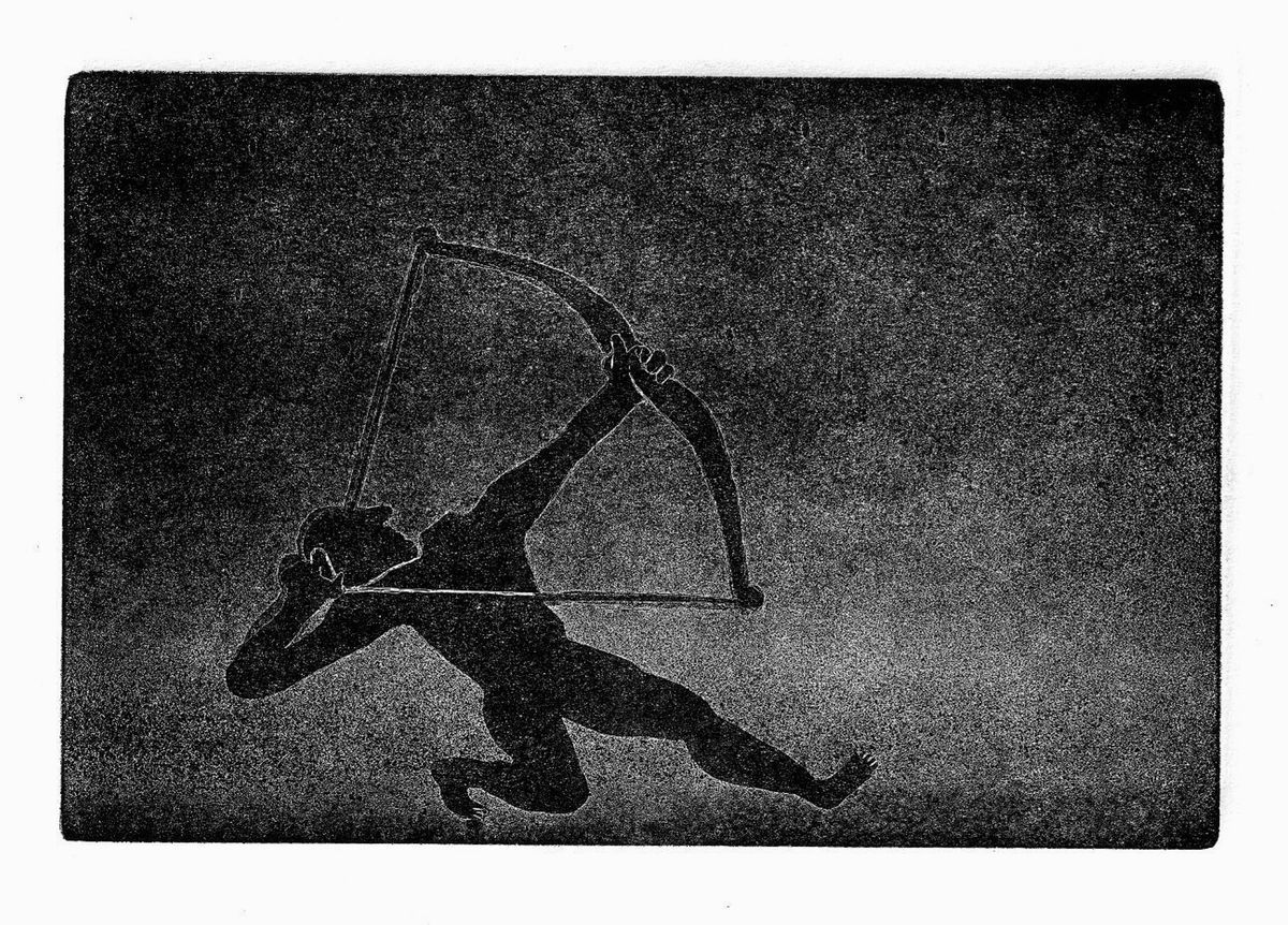 Black and white etching on a dark grainy aquatint ground showing a kneeling nude figure in dark silhouette drawing a large bow, outlined by thin white lines.