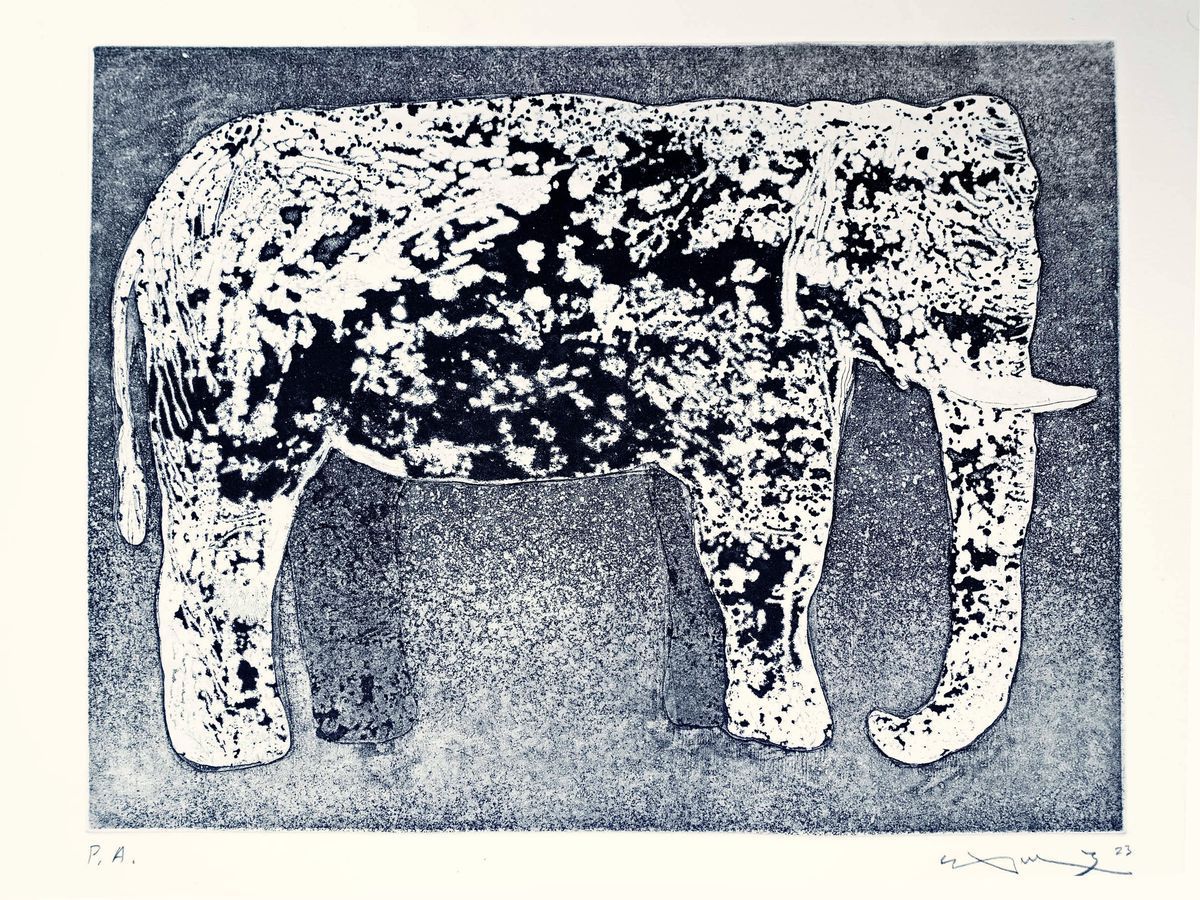 Blue-black etching of a standing elephant in side view, its body a white shape broken by dense dark blotches, on a speckled grey-blue aquatint ground, marked P.A. and signed and dated in pencil.