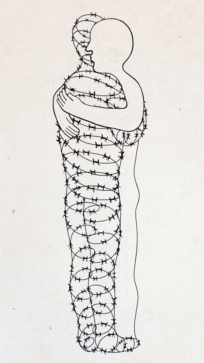 Black and white screenprint on off-white paper of two standing figures in a close embrace, one drawn as a simple outline and the other formed entirely by coils of barbed wire, the outlined figure's hands resting on the wire figure's back.