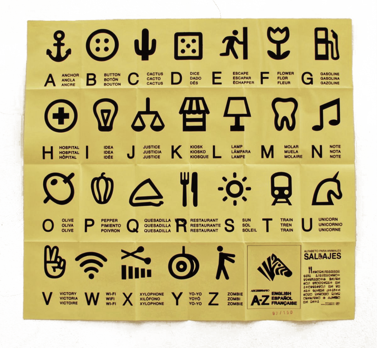 Yellow alphabet poster titled "ABEZEBRARIO" with a grid of black pictogram icons for each letter A to Z, each labeled in English, Spanish and French, with a small zebra-print logo and "ANCLA.ORG" credit at top.