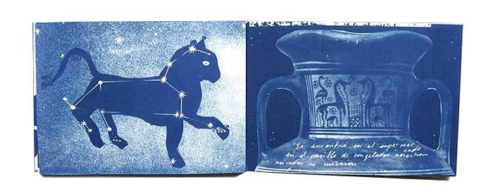 Open blue cyanotype booklet spread showing a panther constellation formed from stars on the left page, and an ancient ceramic vase with handwritten text beside it on the right.