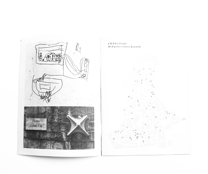 Open booklet spread with a photocopied collage of a sketched cityscape and a photo of a street sign reading "STRADA TORRETTA" on the left page, and a grayscale city map with small numbered markers on the right under the heading "CITTÀ CUCITA".
