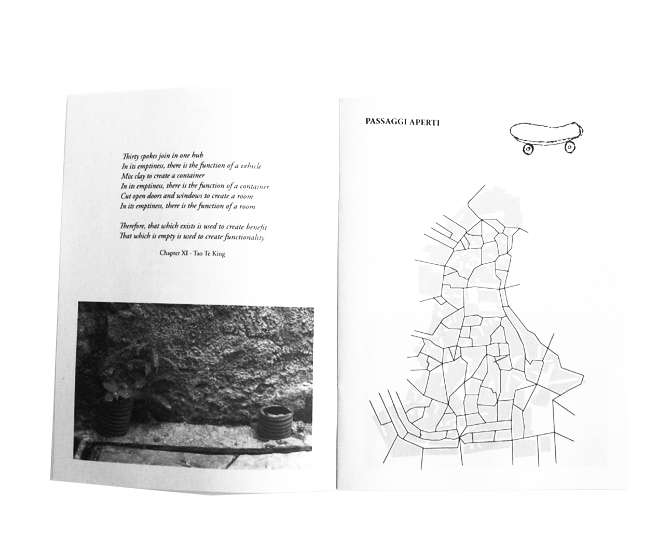 Open booklet spread with a printed quote from the Tao Te Ching over a photo of two potted plants on the left page, and a street map with a skateboard illustration under the heading "PASSAGGI APERTI" on the right.