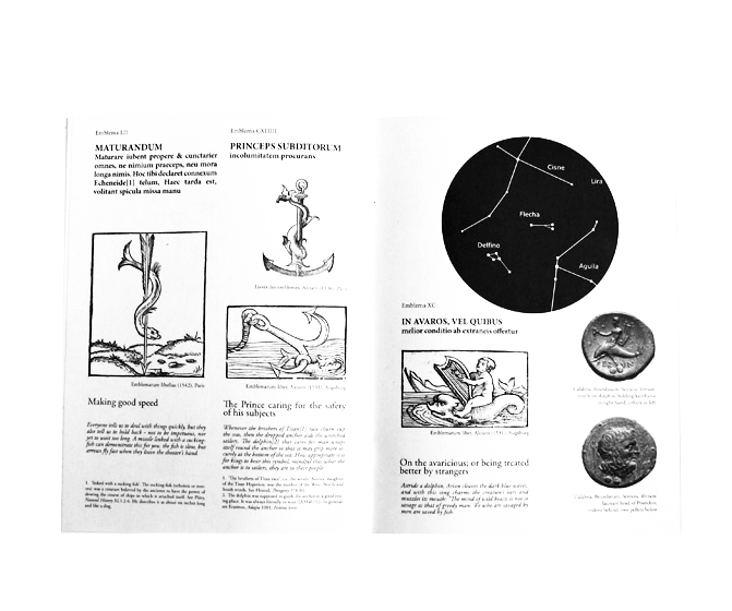 Open booklet spread showing historic emblem illustrations with Latin mottos and explanatory text on the left, and a black circular star chart of constellations alongside old coin illustrations on the right.