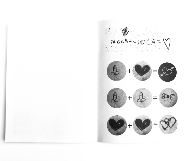 Open booklet spread, blank on the left page, and on the right a handwritten note reading names with a heart, above three rows of small circular photos showing hand gestures and hearts combined with equal signs and symbols.