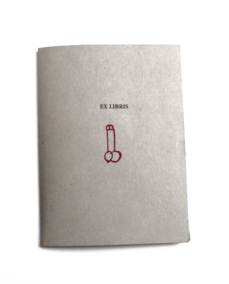 Grey cardboard booklet cover reading "EX LIBRIS" with a small red line-drawn illustration of a phallic shape beneath the title.
