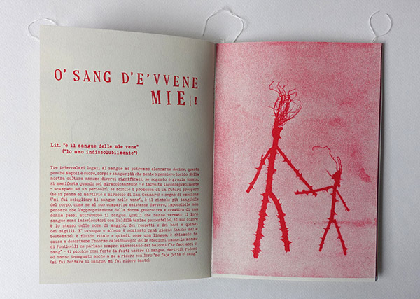 Open booklet spread with a stenciled dialect title and Italian text on the left page, and a red risograph drawing of two thorny stick-figure bodies standing together on the right.