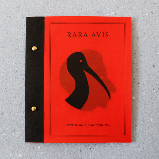 Red booklet cover with black stitched spine and two metal fasteners, titled "RARA AVIS, ORNITOLOGIA FISIOGNOMICA" in black text, with a black silhouette of a long-beaked bird's head against a shadow.