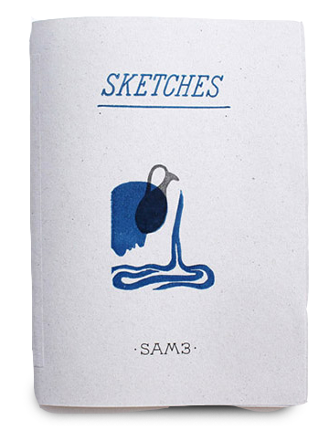 Grey booklet cover titled "SKETCHES" with a blue ink drawing of a hooded bird-like figure with a curved beak, "SAM3" printed below.