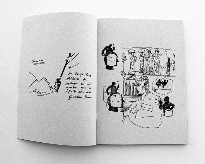 Open sketchbook spread with a small pen drawing of a branch and a handwritten note on the left page, and rows of quick figure studies referencing classical Greek statues and drummers on the right.
