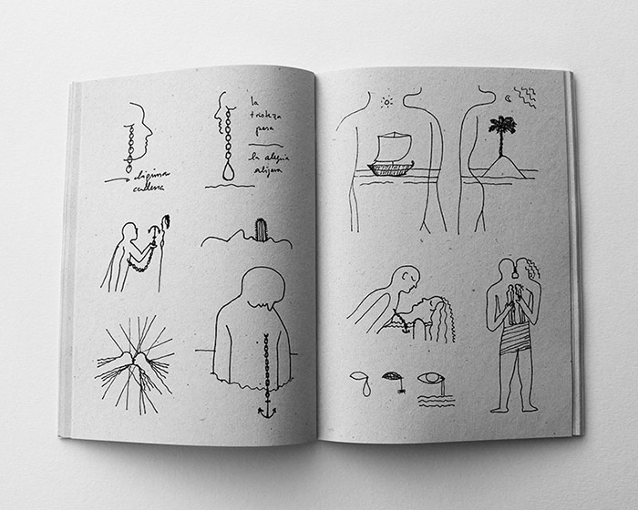 Open sketchbook spread of pen line drawings, including profile heads with chain-like necklaces, a boat and a volcano flanked by two standing figures, and small studies of a bird, a figure holding a staff, and a standing figure with raised arms.