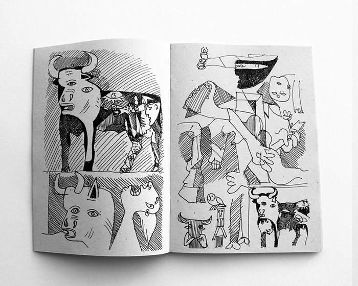 Open sketchbook spread of dense cross-hatched pen drawings inspired by Guernica-style imagery, showing a bull's head and abstracted animal and human forms across both pages.