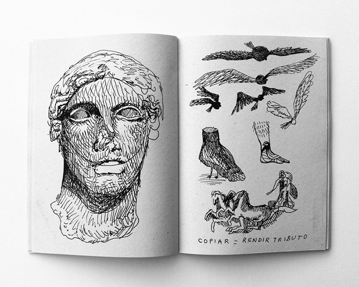 Open sketchbook spread with a detailed pen portrait of a classical marble head on the left page, and studies of birds in flight, a horse-drawn chariot, and the handwritten note "COPIAR = RENDIR TRIBUTO" on the right.