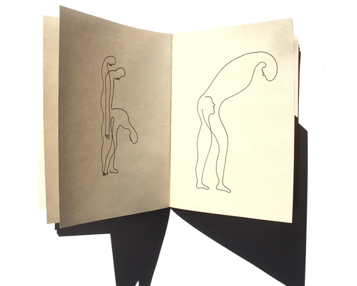 Open booklet spread of simple ink line drawings on tan paper, showing a bent-over figure with a birdlike head on the left page and a similar bending figure in profile on the right.