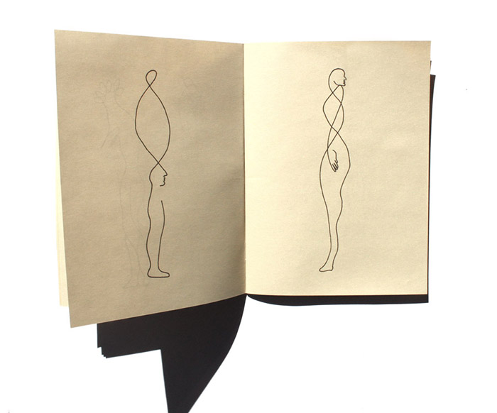 Open booklet spread of ink line drawings on tan paper, showing a standing figure with a looping ribbon-like shape around the head on the left page and a standing female figure with a twisted line pattern around her torso on the right.