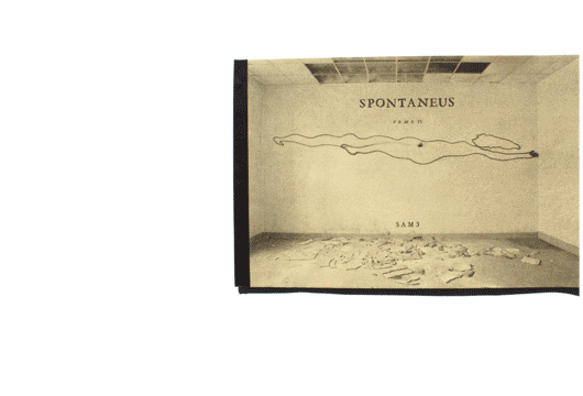 Tan booklet cover titled "SPONTANEUS TOMO IV" showing a photo of an empty room with a hand-drawn wavy line on the wall and debris on the floor.