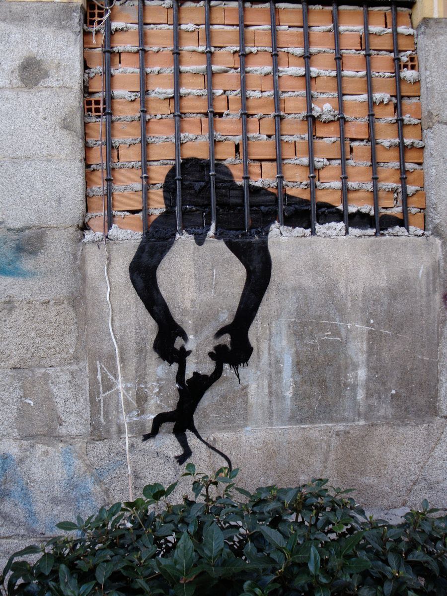 Black silhouette figure with arms reaching down through a barred window, holding a small monkey by its paws, green bushes at the base of the wall.
