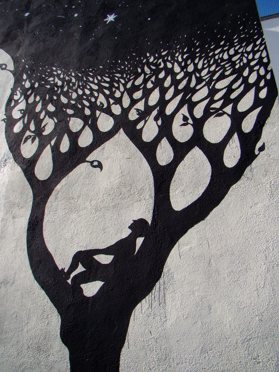 Close-up of a black tree silhouette against a starry night sky, a small figure reclining inside a round hollow in the trunk, teardrop-shaped leaves clustered at the top.