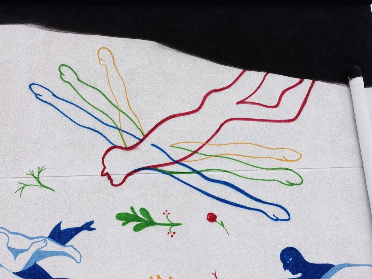 Painted detail of a red reclining figure with four pairs of multicolored outline arms and legs (blue, green, orange) radiating outward like wings, small flowers below.